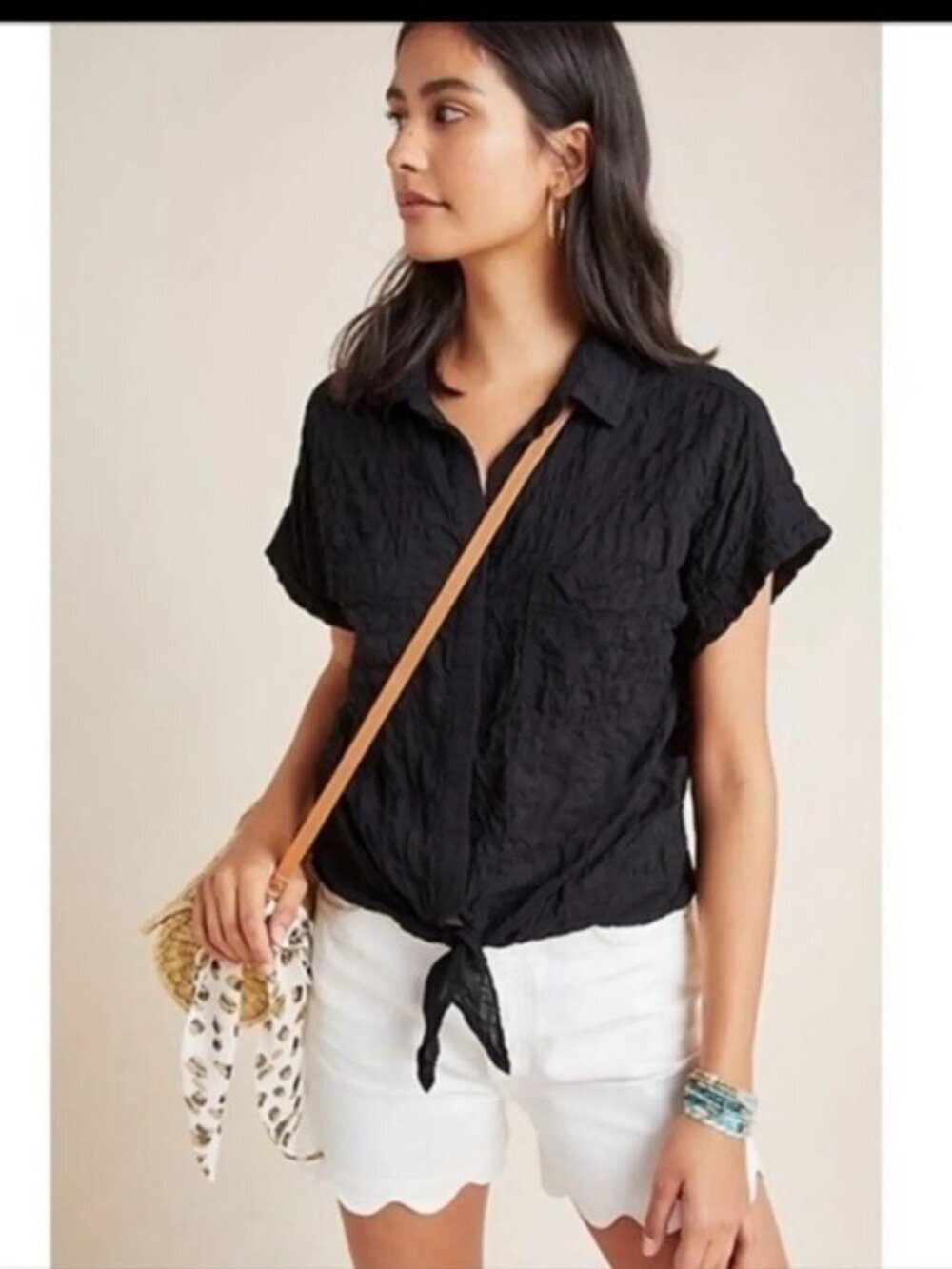 Anthropologie Cloth & Stone Liya top large cropped tie waist crinkle black